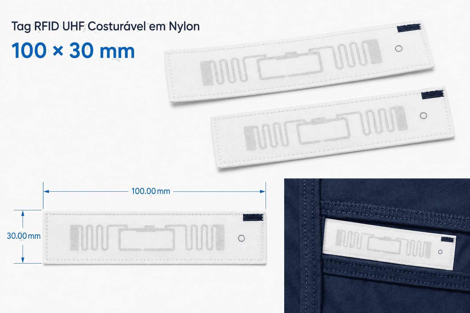 Tag RFID UHF costurável 100 × 30 mm
