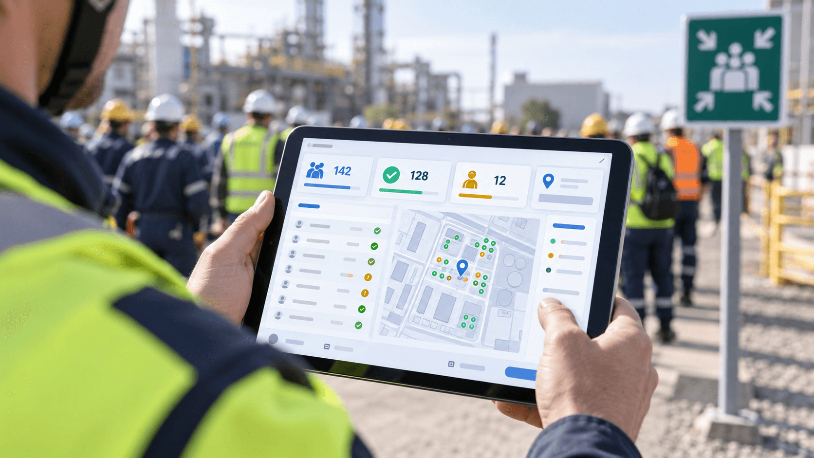Equipe participando de evacuação industrial com apoio de controle digital