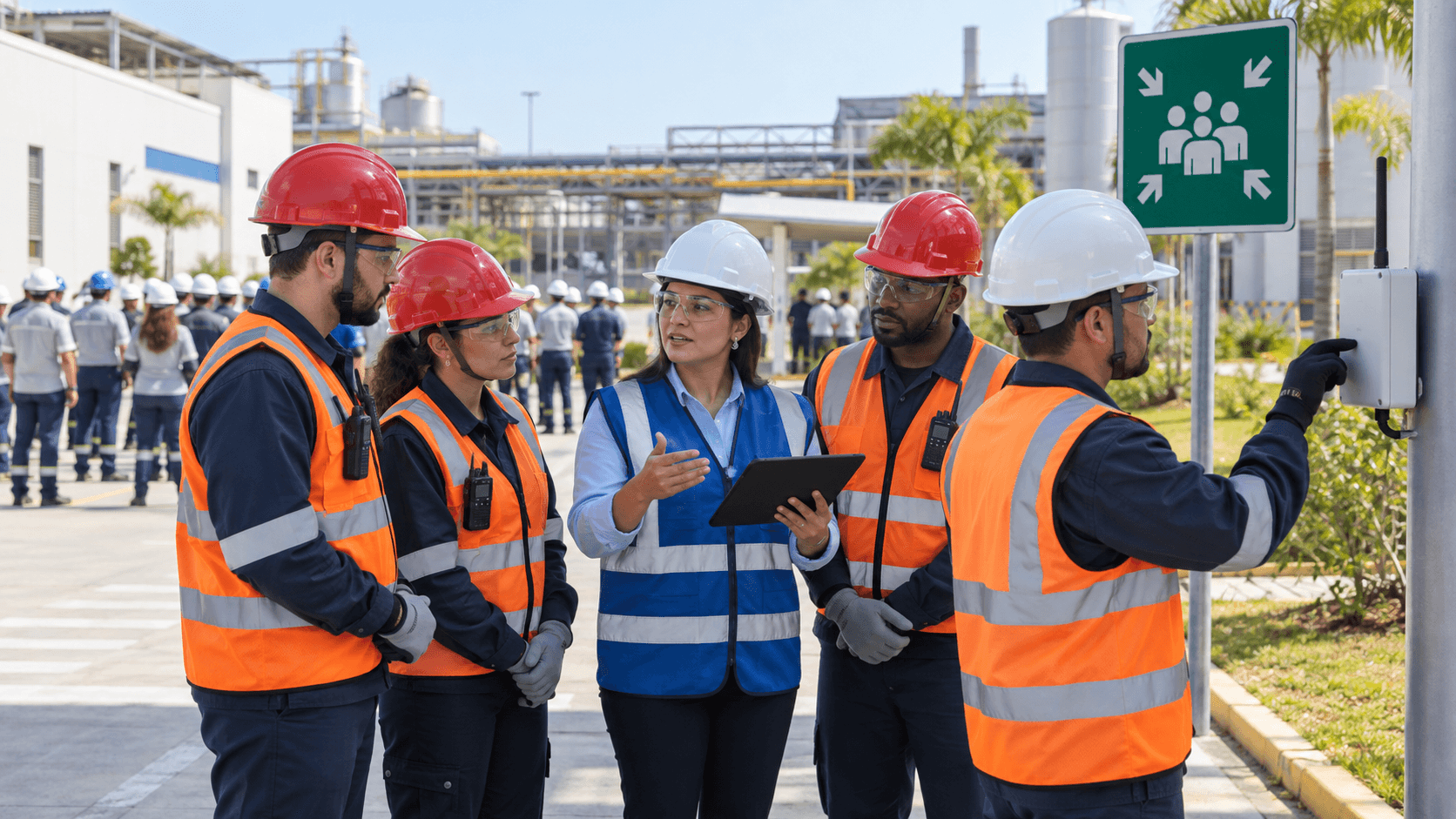 Equipe técnica orientando brigadistas durante simulado de emergência